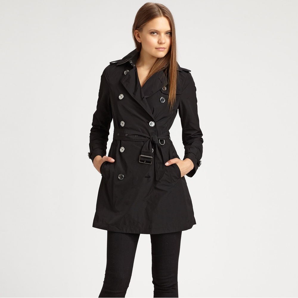 BURBERRY BLACK LIGHTWEIGHT DOUBLE BREASTED BUTTON UP TRENCH COAT - Picture 13 of 15